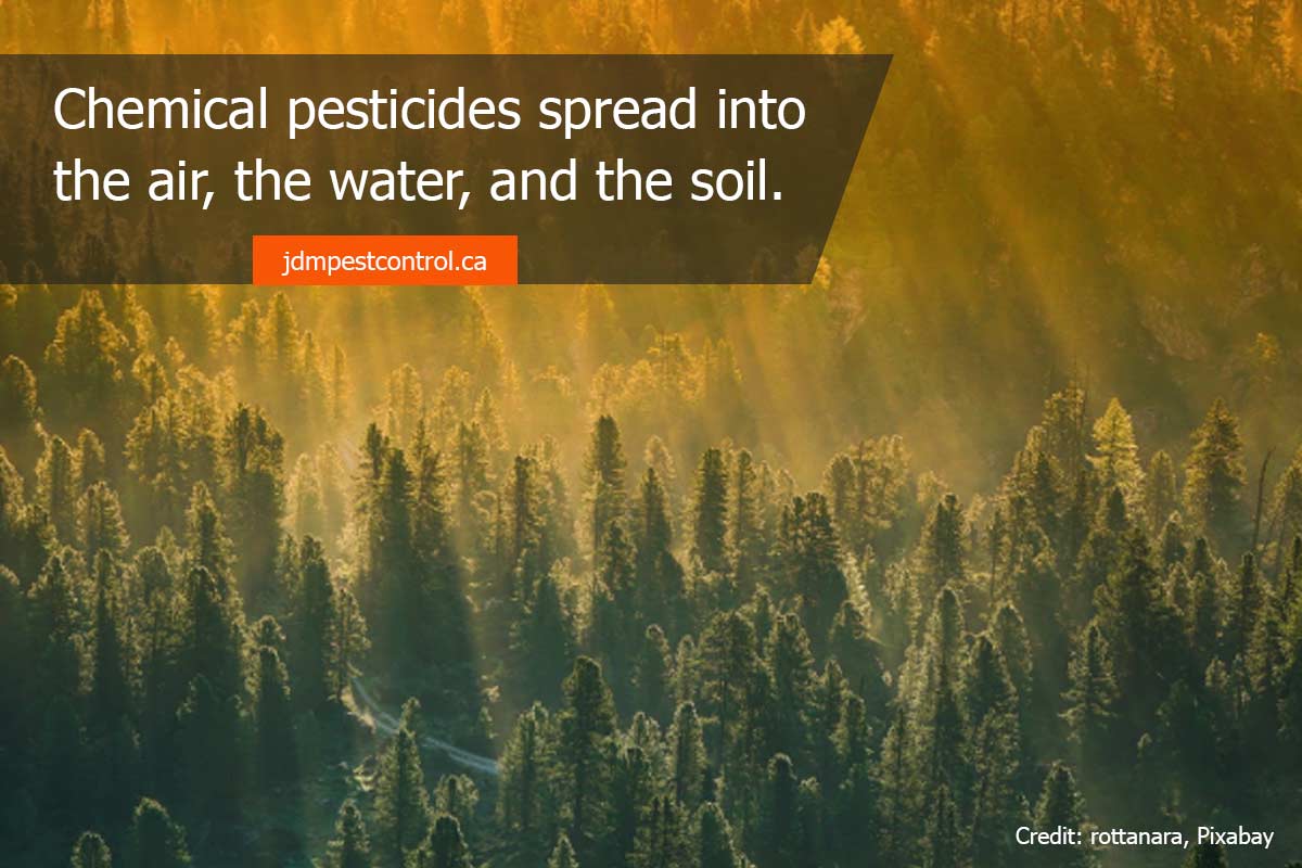 Chemical pesticides spread into the air, the water, and the soil.